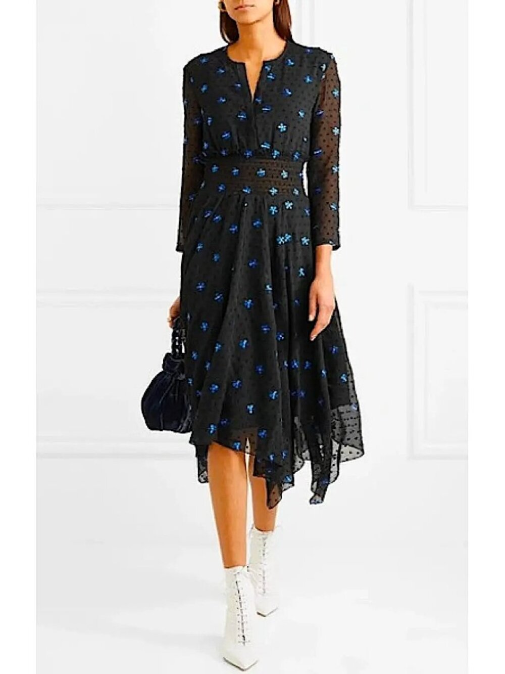 Maje Swiss Dot Floral Blue Daisy Embroidered Chiffon Dress
